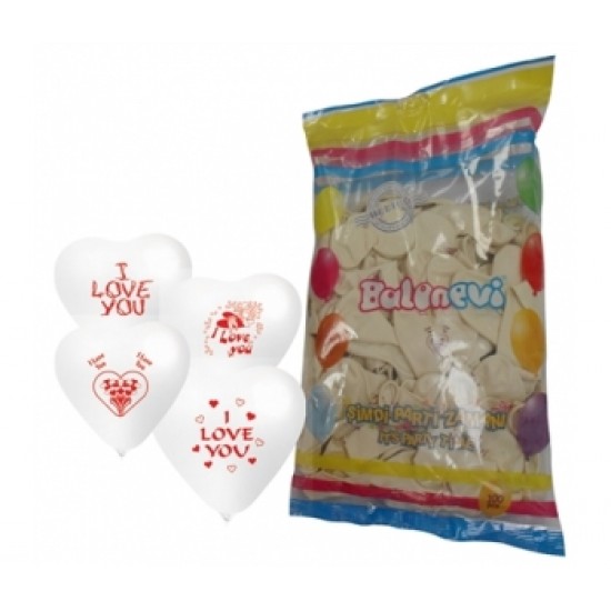100lü I Love You Çift Yüz Baskılı Beyaz Kalp Balon