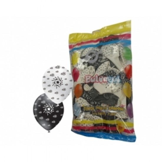 100lü 12 inç Çepeçevre Siyah Beyaz Baskılı Balon