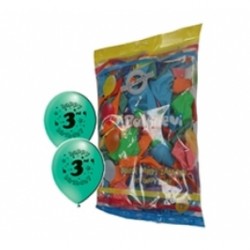 12 İnç 3 Yaş Baskılı 1+1 Happy Birthday Karışık Pastel Renk Balon