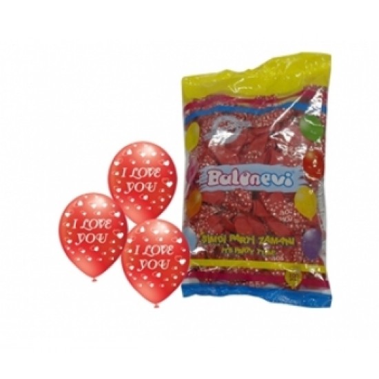 12 İnç Çepeçevre I Love You Baskılı Kırmızı Renk Balon