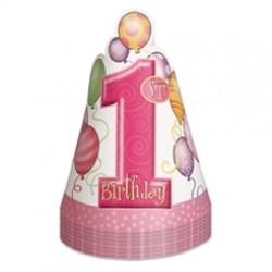 8 Adet First Birthday Balloons Pink Külah Şapka